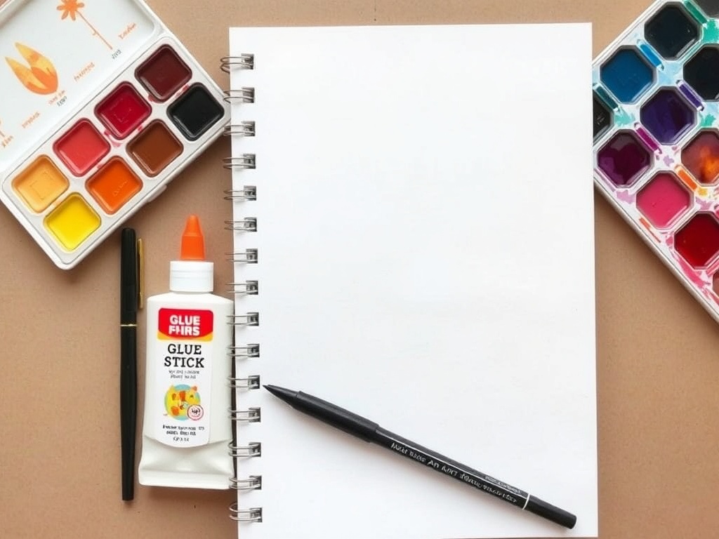 simple art journaling supplies flat lay, notebook, glue stick, pen, watercolor palette, soft warm tones