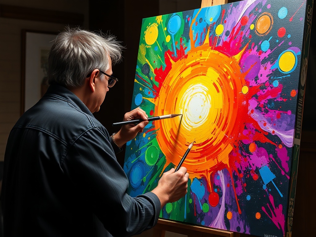artist creating a compelling visual story with vivid colors on canvas