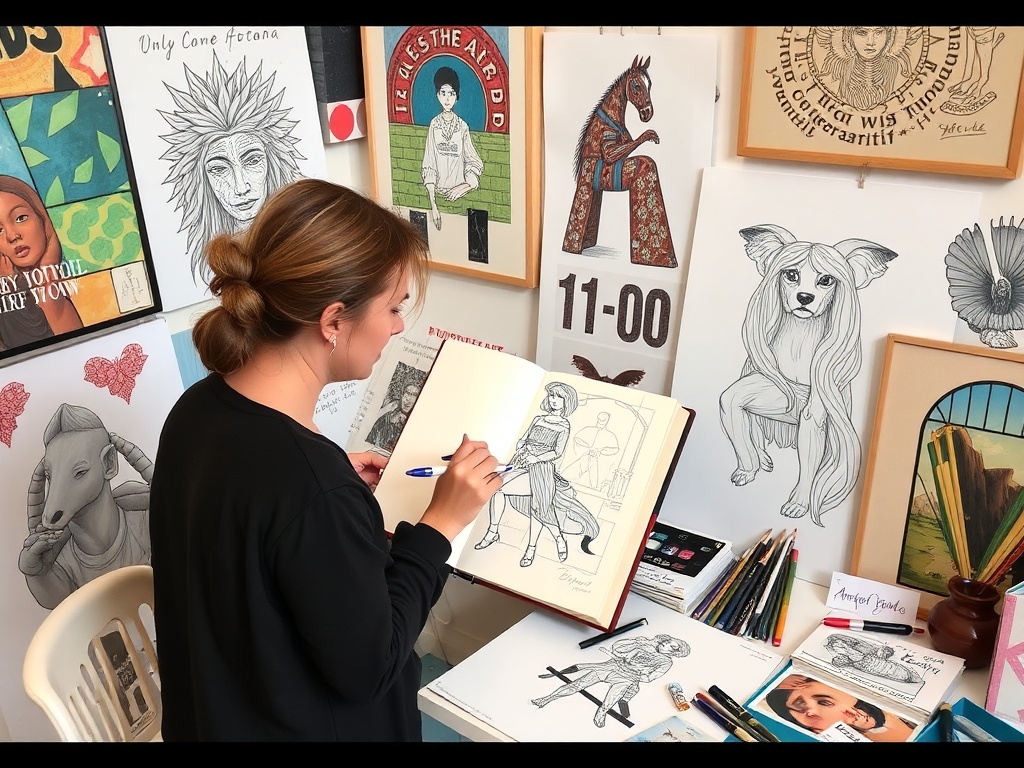 artist sketching in a visual journal surrounded by inspirational artworks