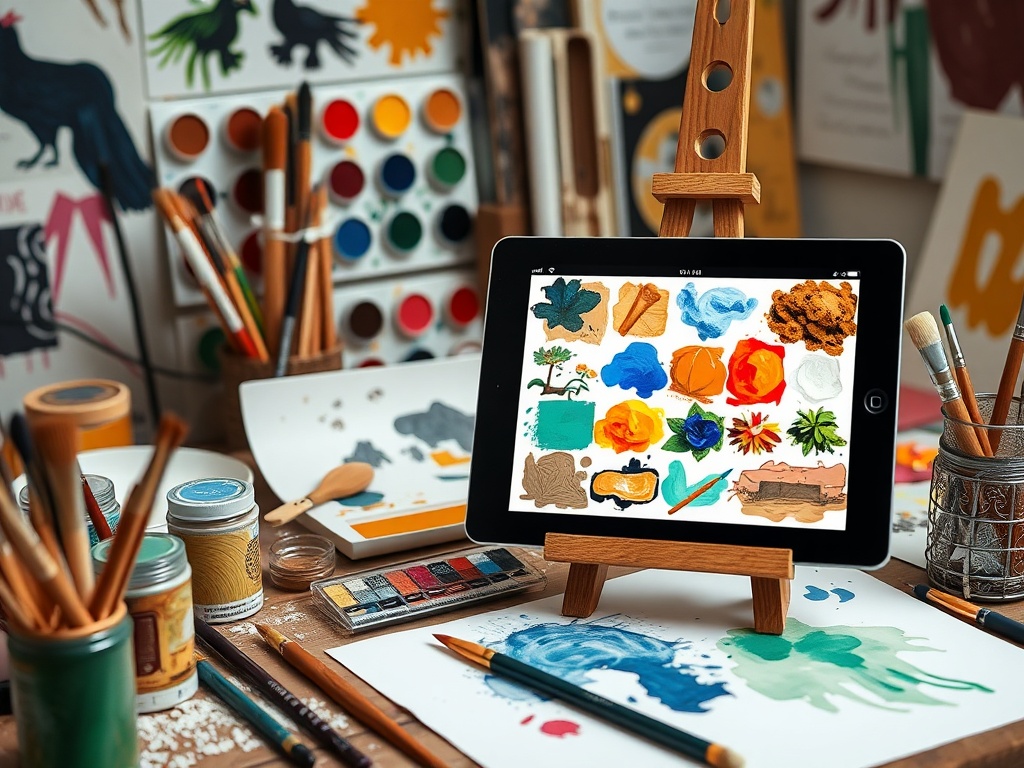 artist's studio with paints, brushes, and digital tablet showcasing different mediums