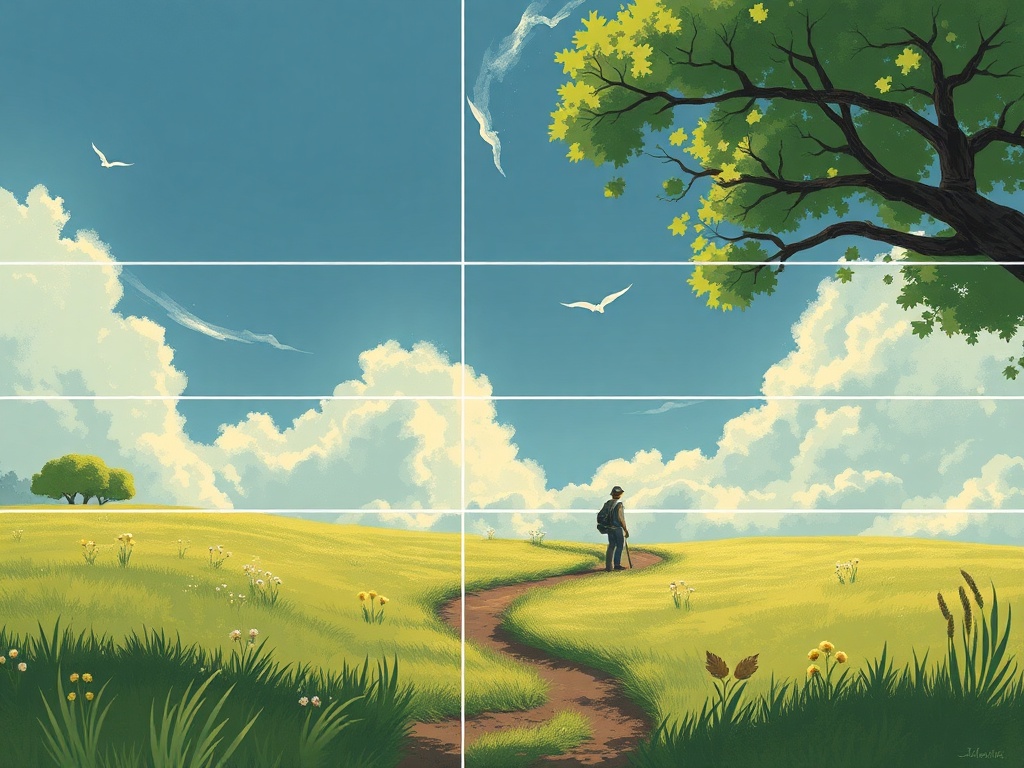 example of artwork demonstrating rule of thirds, leading lines, and framing for storytelling