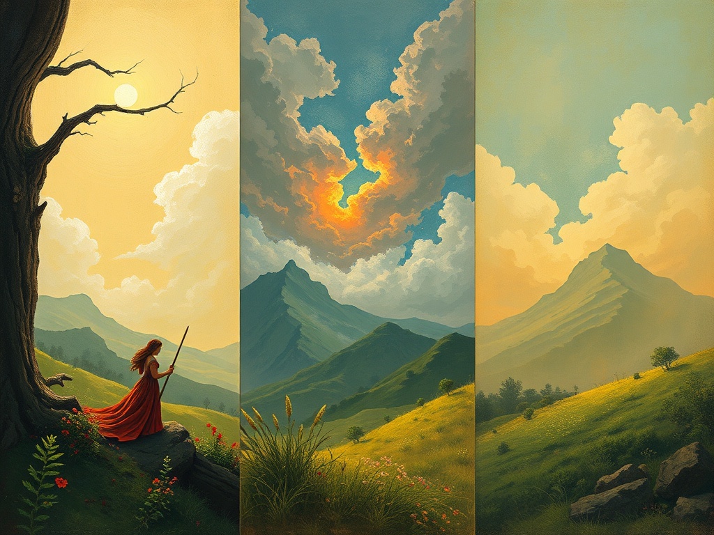 series of paintings or illustrations showing progression of a story visually
