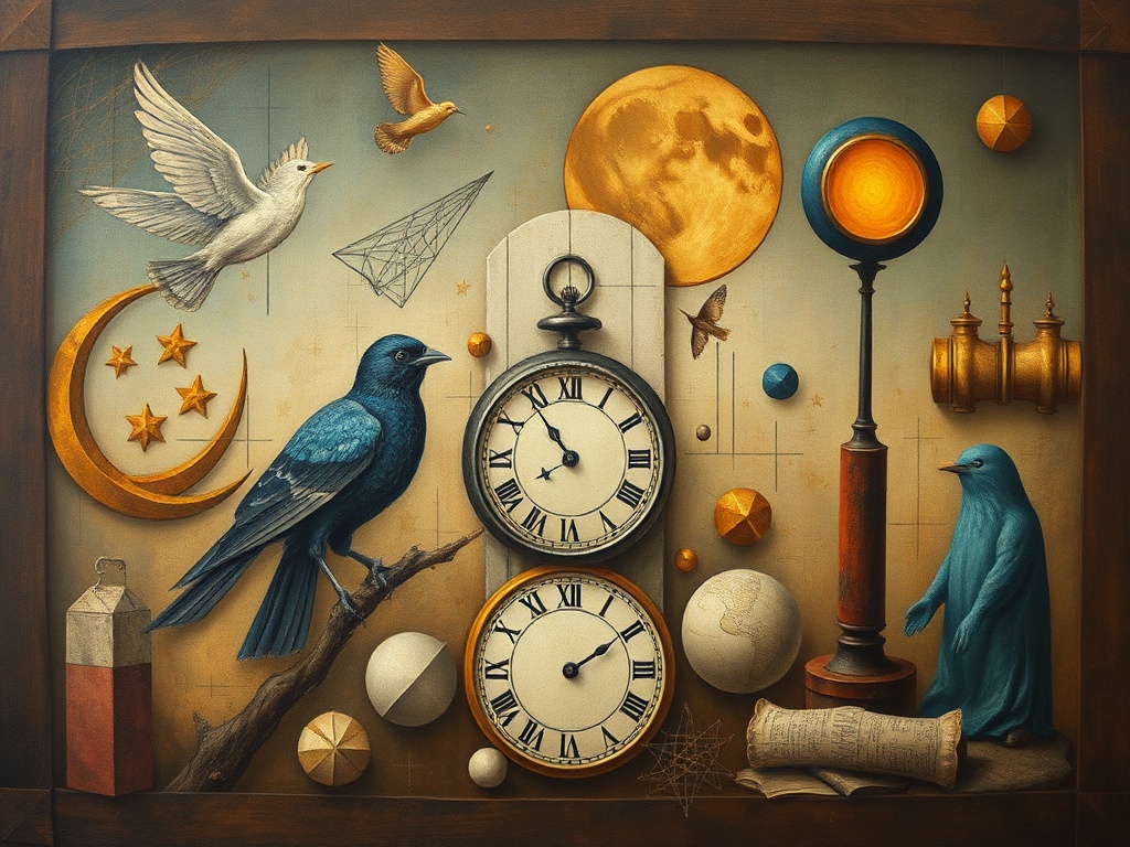 symbolic elements like birds, clocks, and abstract shapes in an artwork conveying deeper meaning
