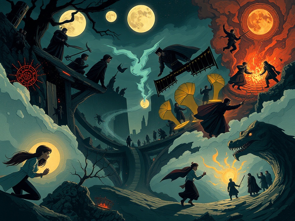 varied artistic scenes representing themes, characters, and conflict in visual storytelling