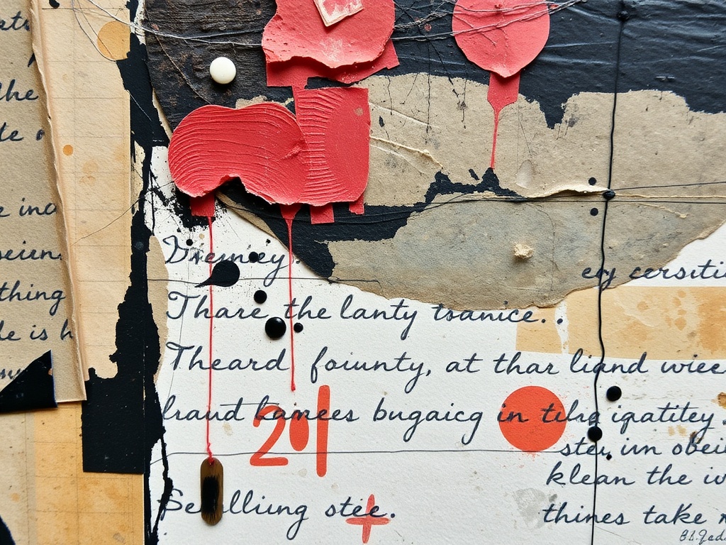 layered mixed media art journal page collage paper scraps handwriting paint textures close up details imperfect organic style
