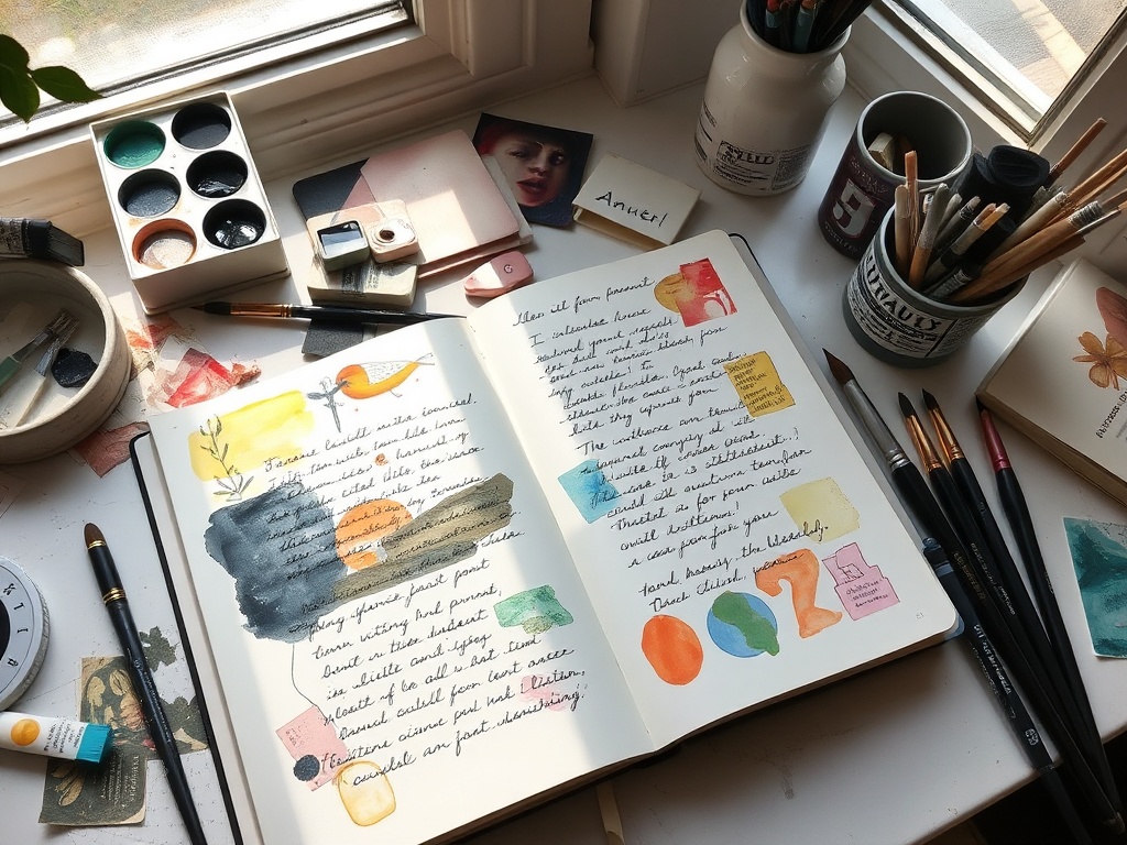 messy art journal spread with watercolor washes, collage scraps, handwritten notes, soft natural light, paintbrushes scattered, cozy creative workspace