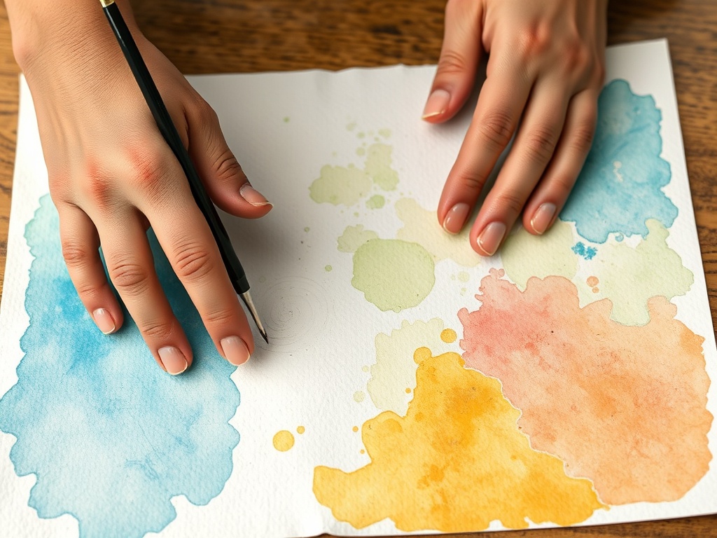 step by step art journaling process watercolor wash background soft pastel colors drying on textured paper close up hands painting