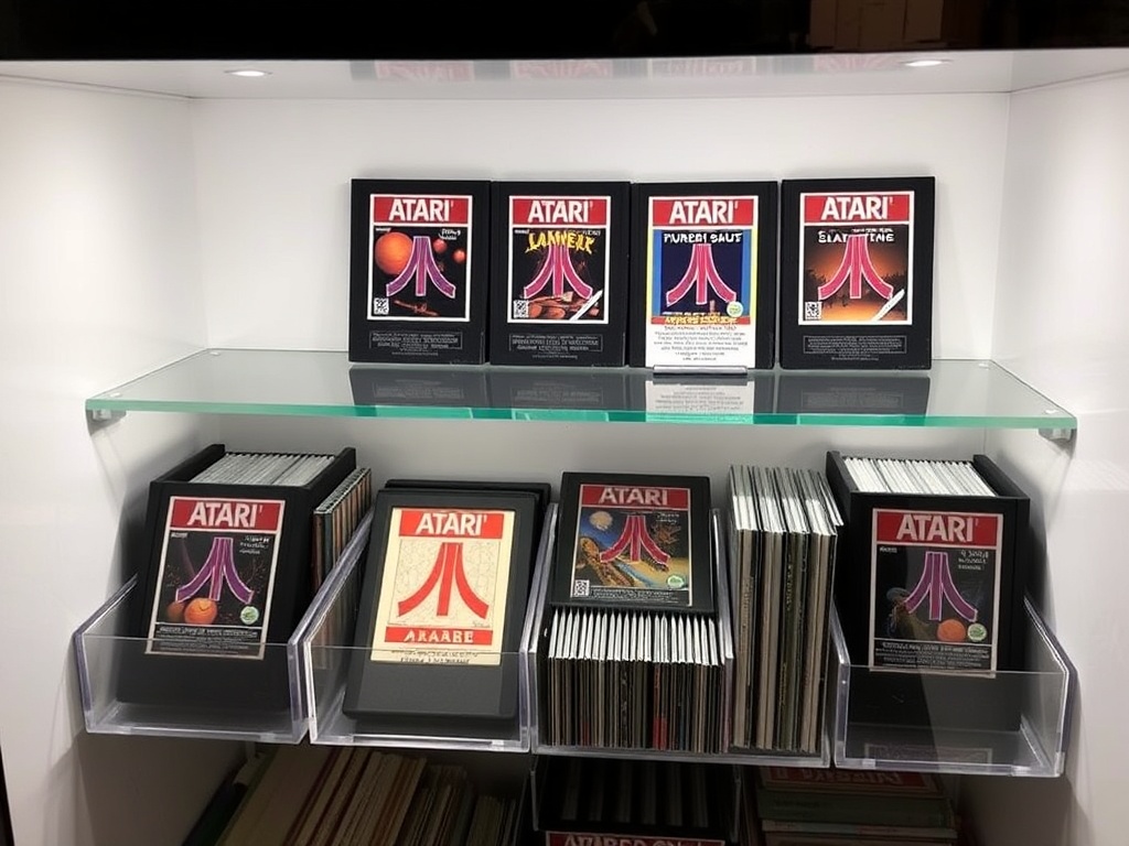 Atari cartridges stored in protective sleeves inside a clean, climate-controlled display cabinet