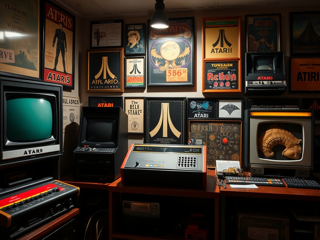 close-up of a curated Atari collection with spotlight lighting highlighting rare centerpiece item