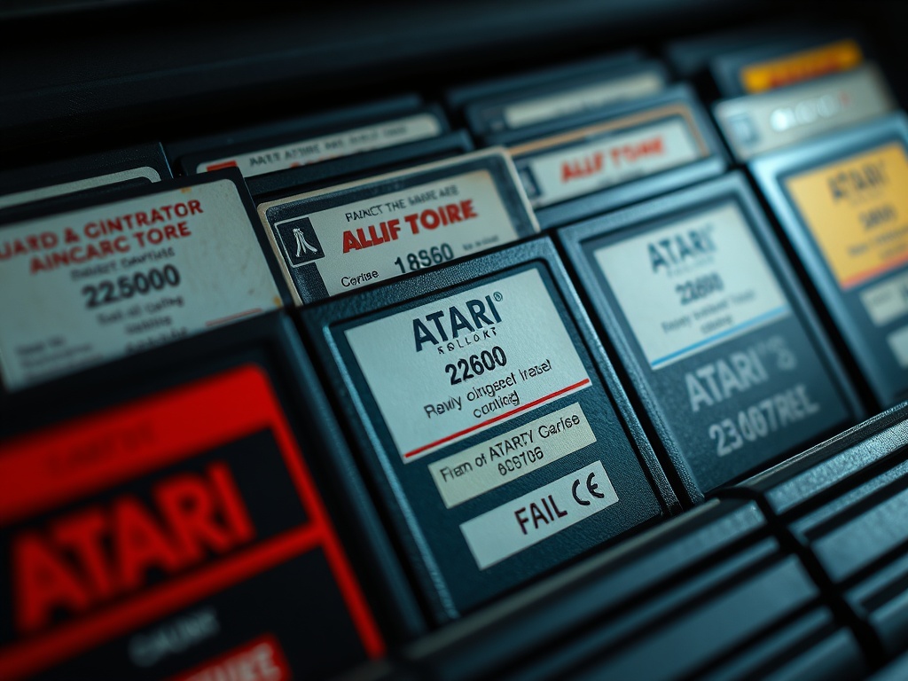 close-up of rare Atari 2600 cartridges neatly arranged with price tags and collector notes, dramatic lighting