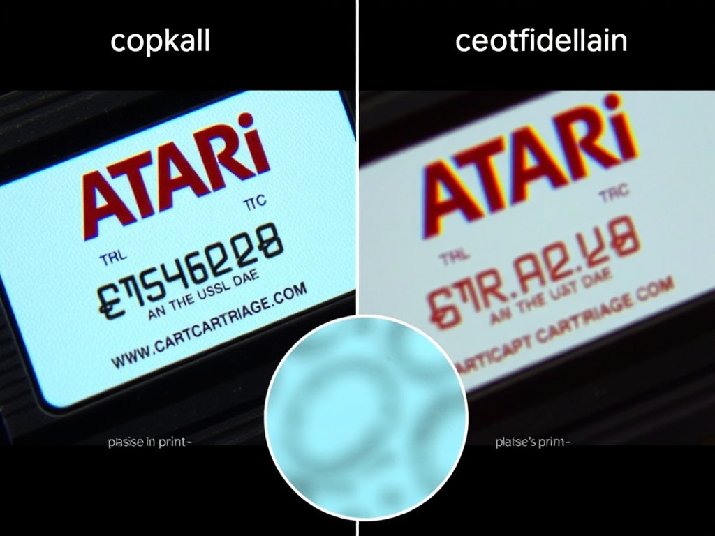 comparison of original Atari cartridge label versus reproduction label under magnification, showing print differences