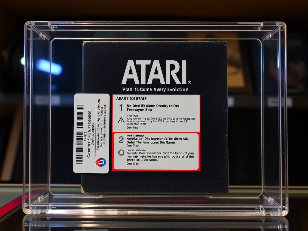 graded Atari game in sealed acrylic case with rating label, displayed under collector lighting