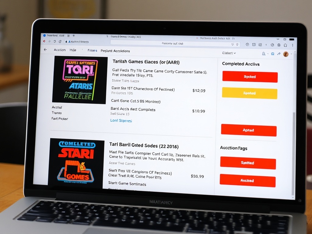 laptop screen showing completed auction listings for Atari games with fluctuating prices and charts