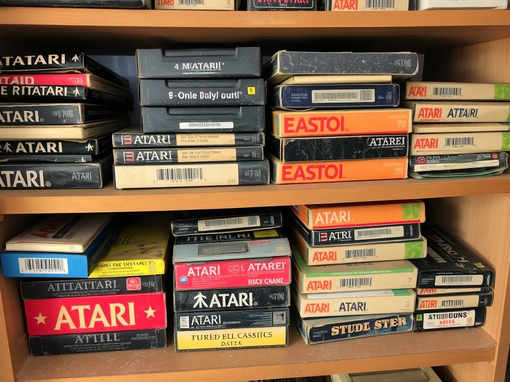 messy shelf of damaged Atari boxes and cartridges with fading labels and dust buildup