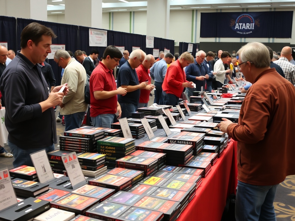 retro gaming convention table filled with Atari cartridges, collectors negotiating and inspecting items
