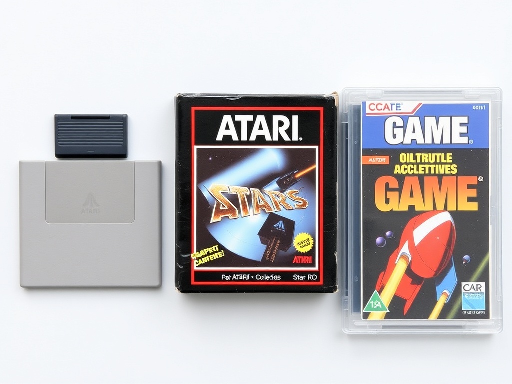 three Atari collectibles side by side: loose cartridge, complete in box, and factory sealed game with protective case