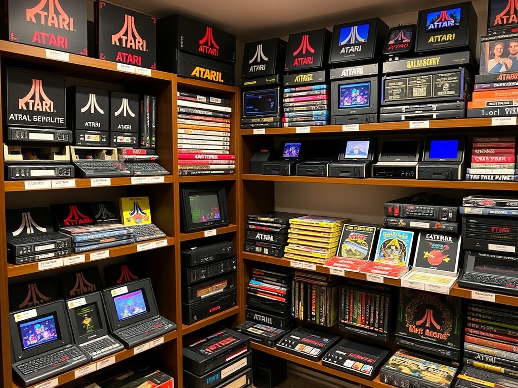 well-organized Atari collection display with themed shelves, labeled sections, and lighting