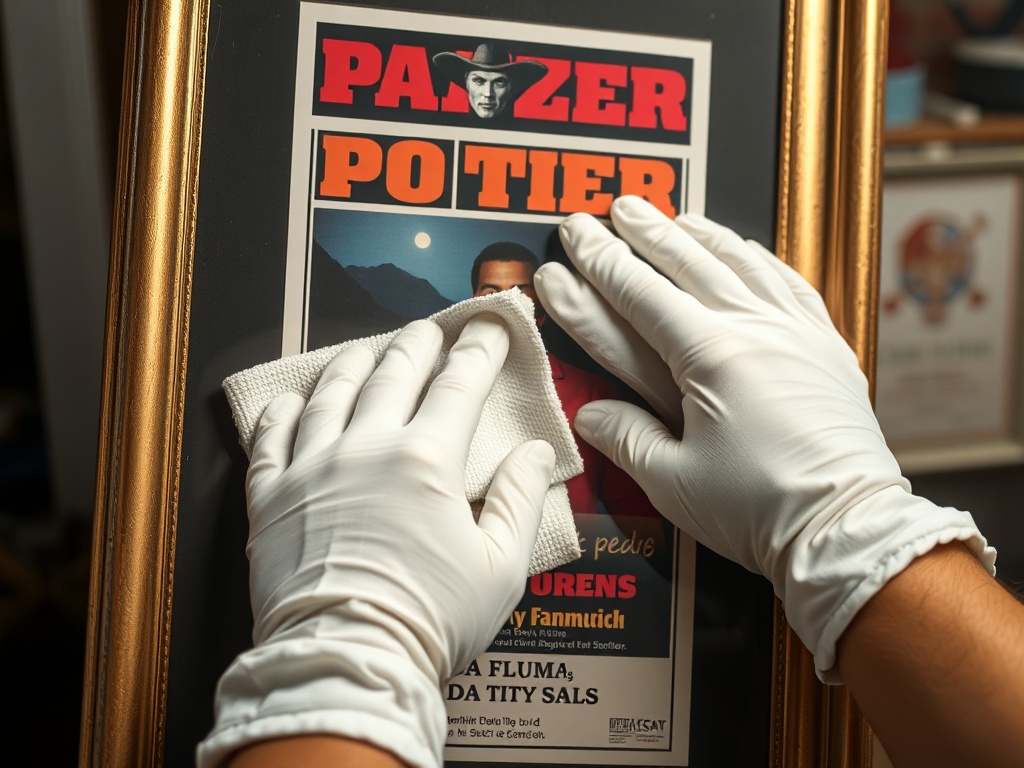 A collector using a microfiber cloth to clean a framed music poster while wearing cotton gloves