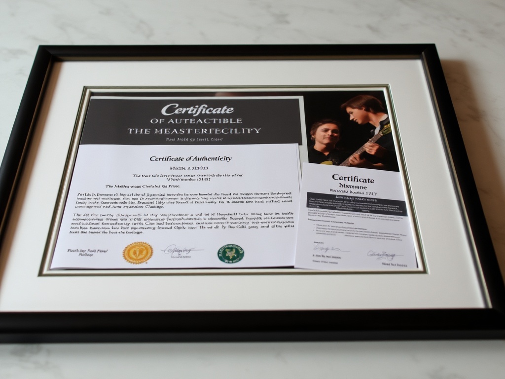 A framed certificate of authenticity and music memorabilia insurance policy lying on a table