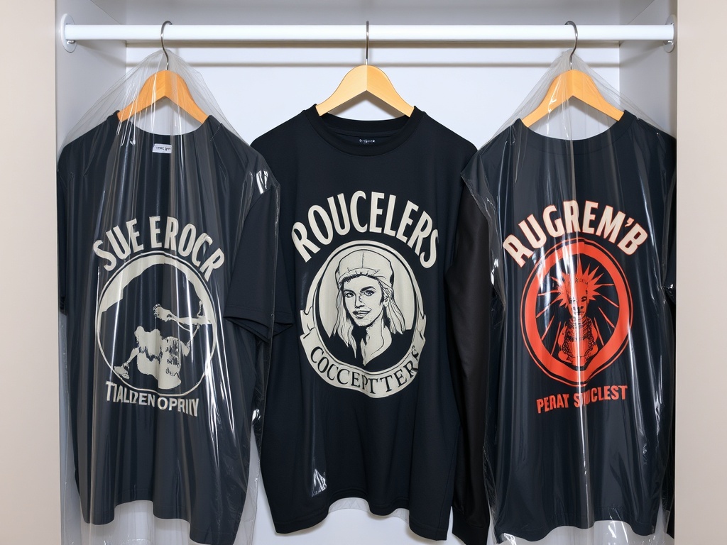 A set of vintage concert t-shirts and jackets hanging in a closet in breathable garment bags
