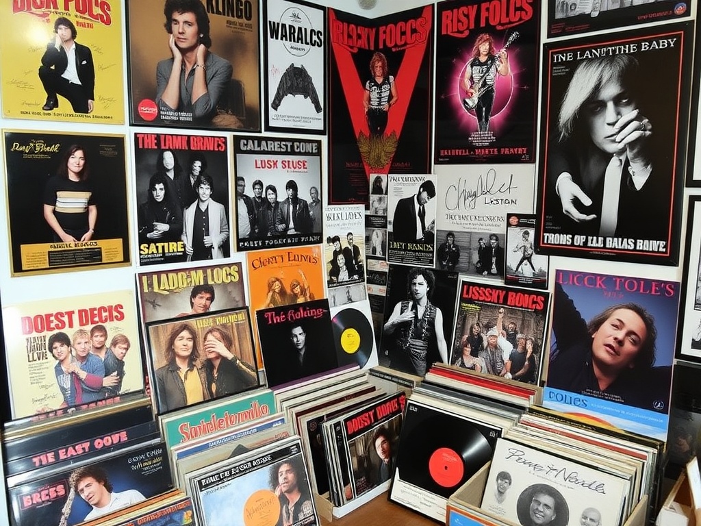 A vintage music memorabilia collection including vinyl records, concert posters, and signed items displayed neatly in a room