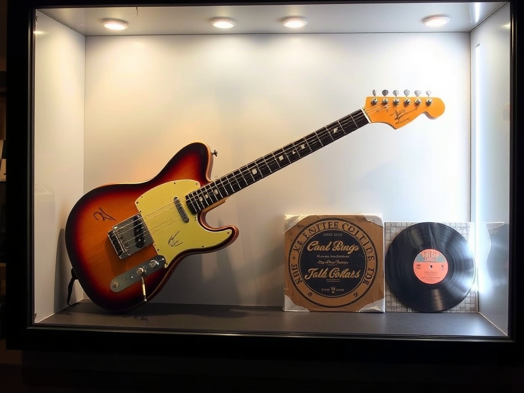 A well-lit display case showing a signed guitar and vintage vinyl records with protective covers
