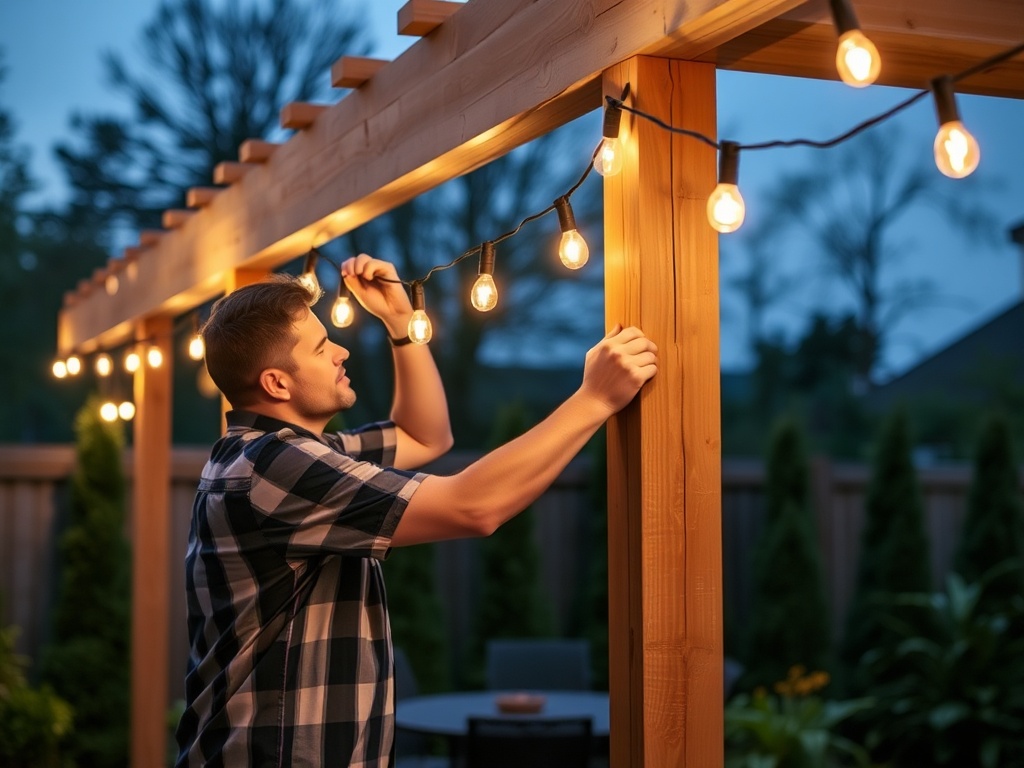 hanging backyard string lights between posts