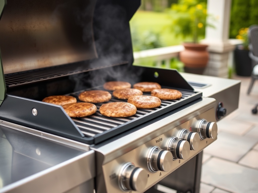 gas grill cooking burgers