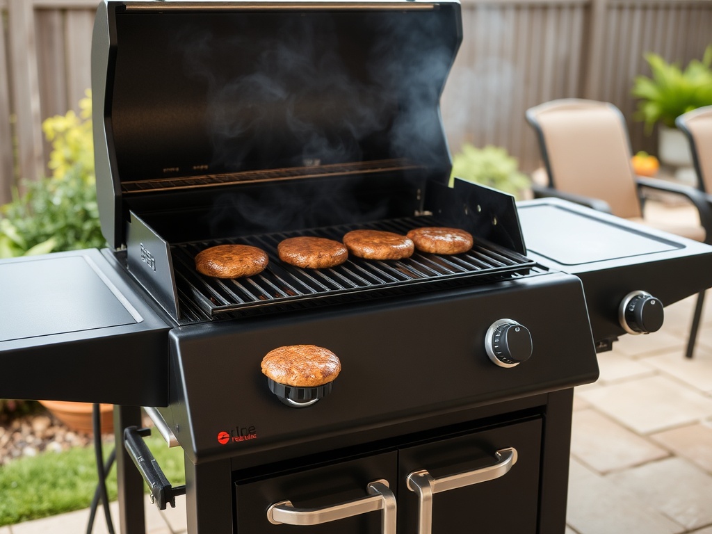 propane gas grill cooking burgers