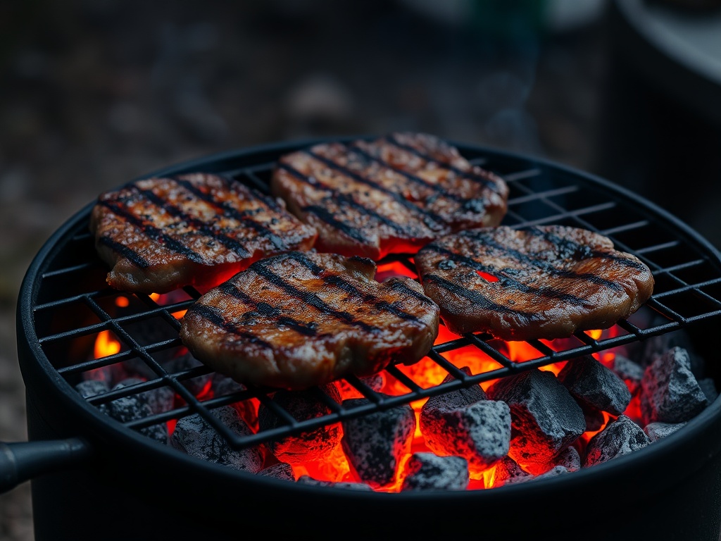 charcoal grill with smoke and steaks