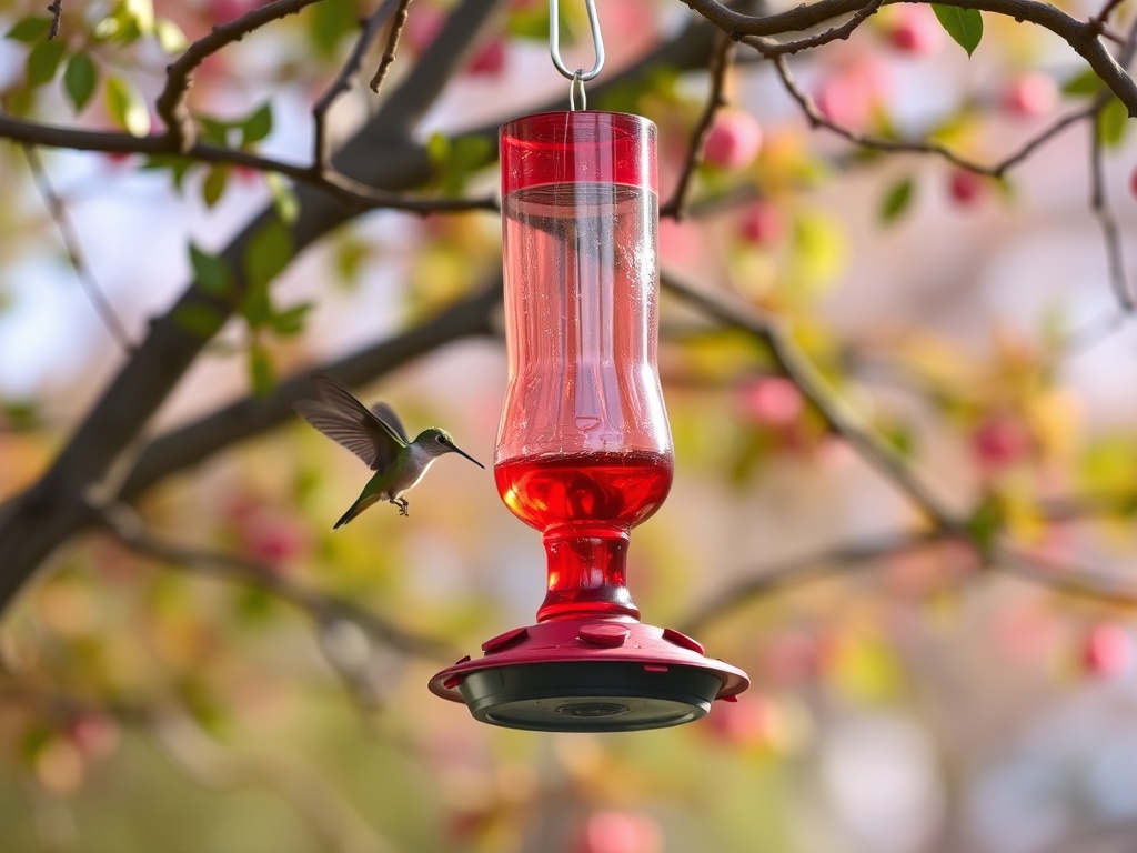 hummingbird feeder under tree shade