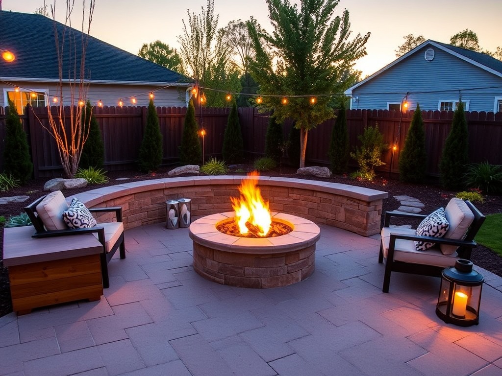 cozy backyard fire pit placement with seating layout evening warm lighting