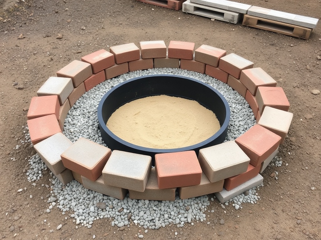 fire pit materials bricks gravel sand steel ring tools laid out