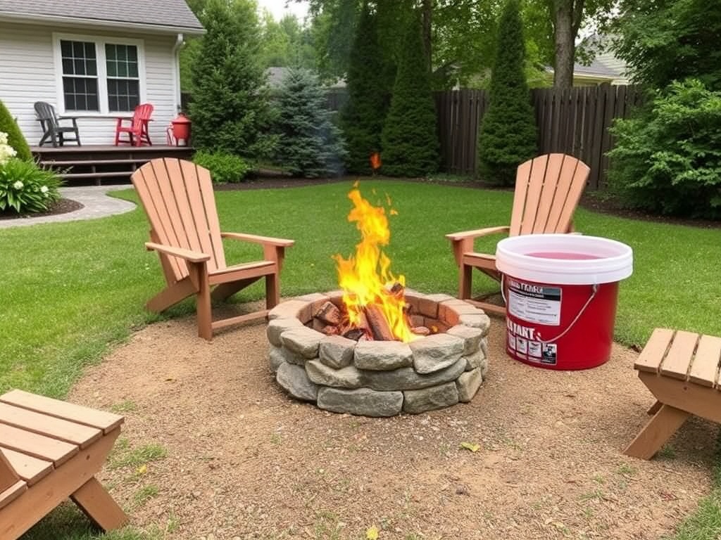 safe backyard fire pit setup distance from house fire extinguisher bucket