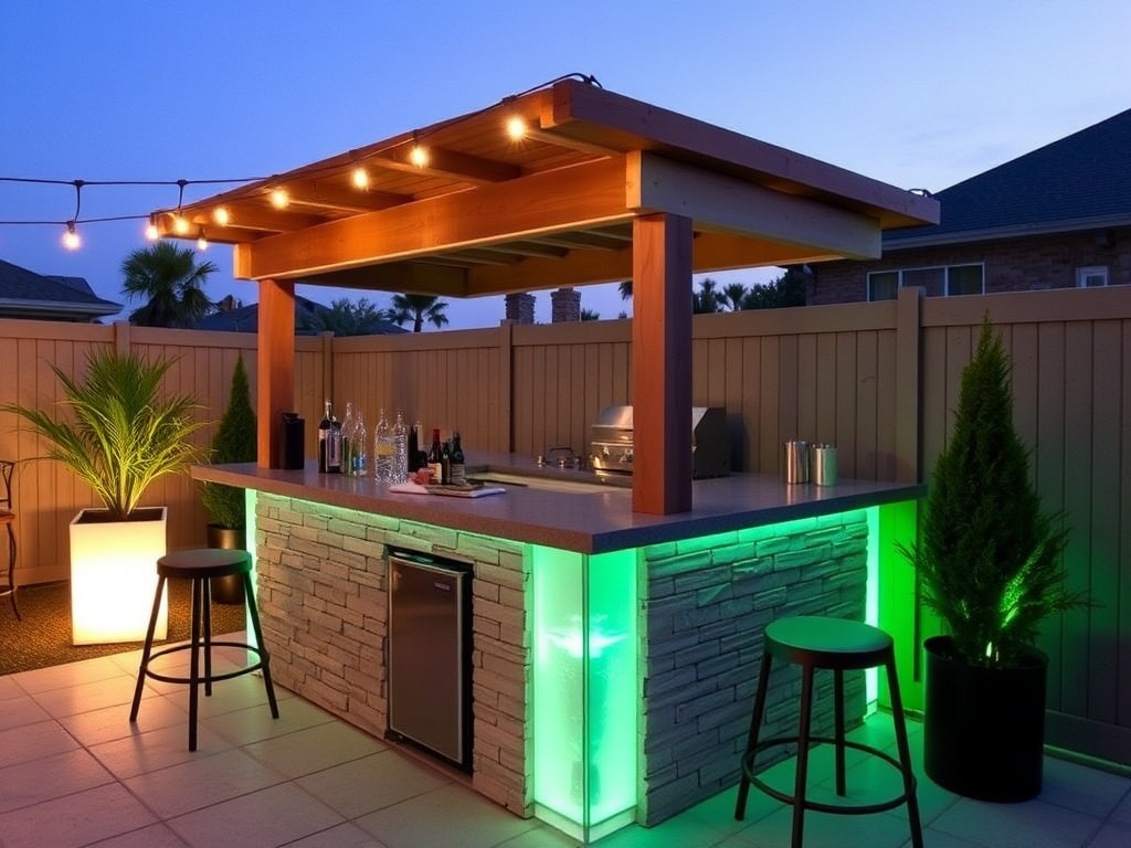 backyard bar with LED lighting and mini fridge