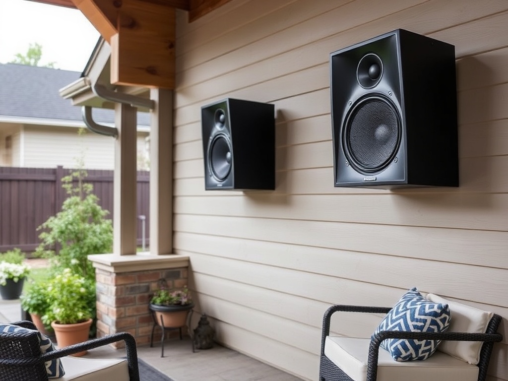 wired outdoor speakers mounted on house