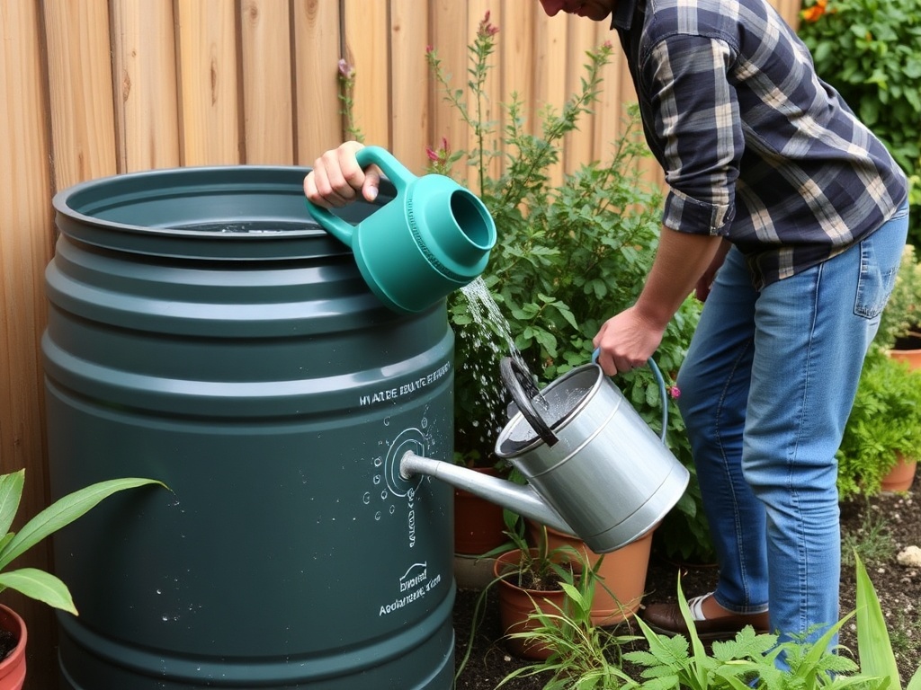 watering garden from rain barrel