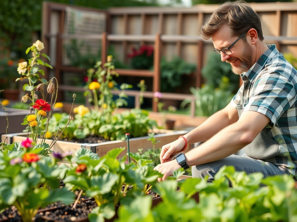 gardener tending raised bed
