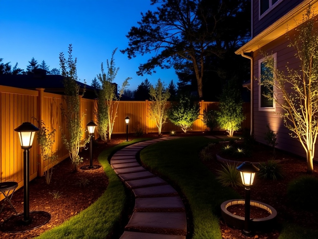 solar path lights along walkway