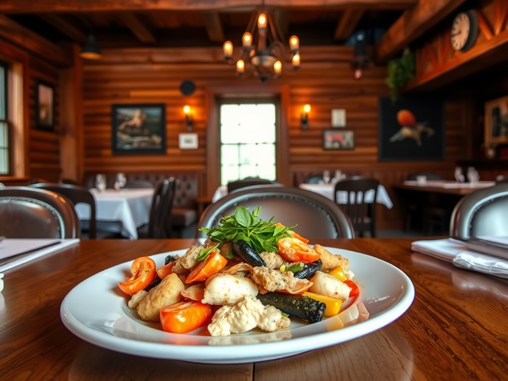 A cozy Quebec restaurant with rustic wooden interiors and a plate of fresh seafood