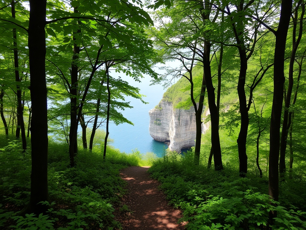 A lush green forest trail with a view of cliffs overlooking the water in Les Escoumins