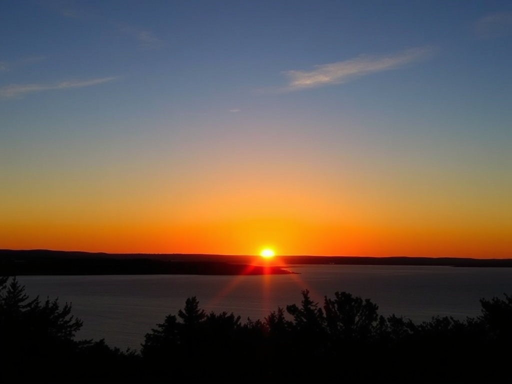 A picturesque sunset over the St. Lawrence River with the silhouette of Baie-Comeau in the background