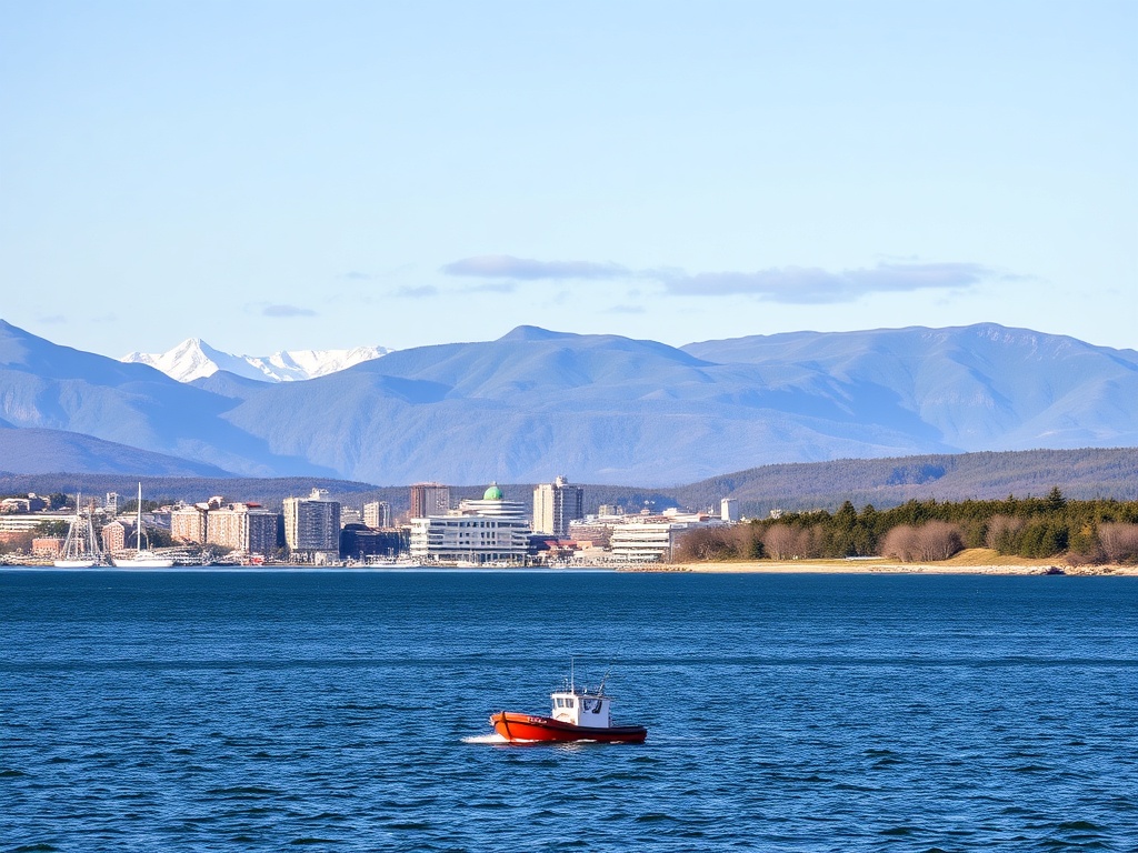 A scenic view of Baie-Comeau from the St. Lawrence River with mountains in the background and a small boat in the foreground