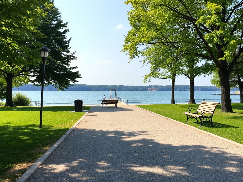 A tranquil park by the St. Lawrence River with benches, trees, and a view of the water
