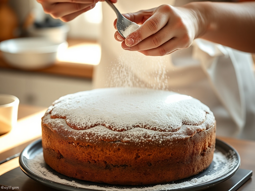 a baker dusting powdered sugar over a rustic cake, flour-dusted hands visible, soft sunlight, cozy kitchen scene