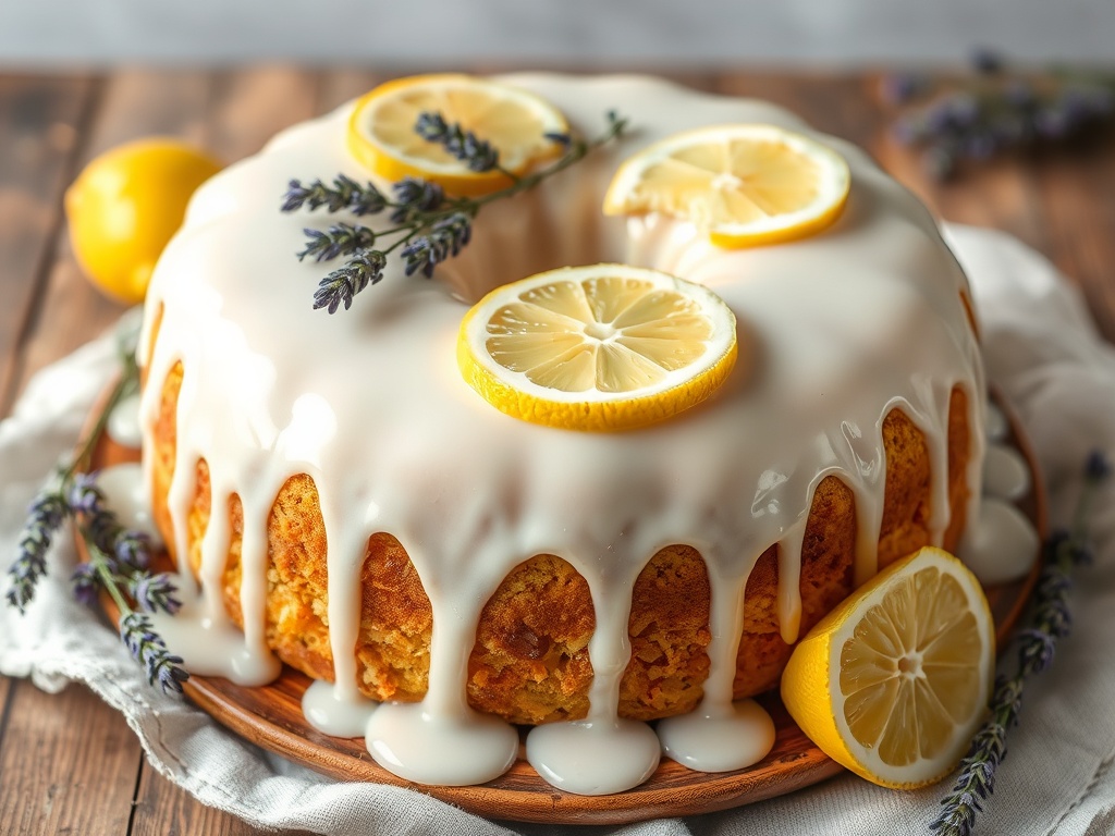 a finished lemon lavender cake with glaze dripping, garnished with lavender sprigs and lemon slices, styled on a rustic table with linen cloth