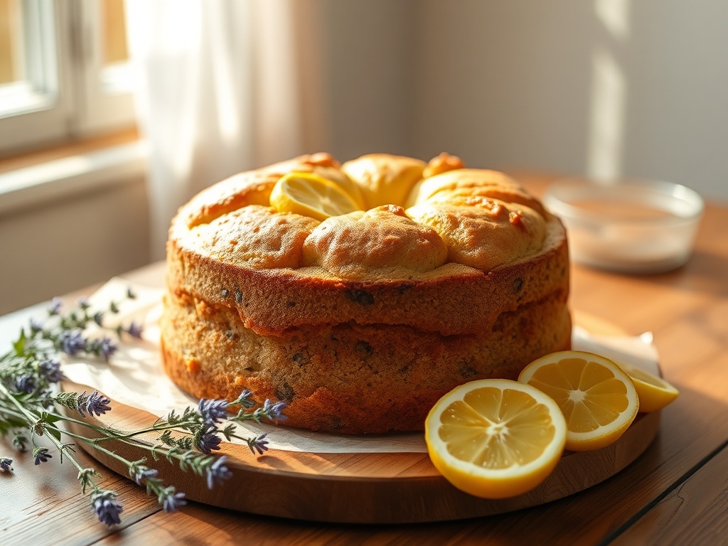 a rustic lemon lavender olive oil cake on a wooden table, sunlight streaming through a window, soft golden tones, fresh lavender sprigs and sliced lemons beside the cake, natural imperfect texture