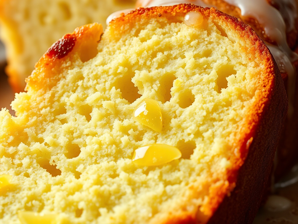close-up of a sliced olive oil cake showing moist crumb texture, lemon zest visible, soft glaze dripping, natural light highlighting texture