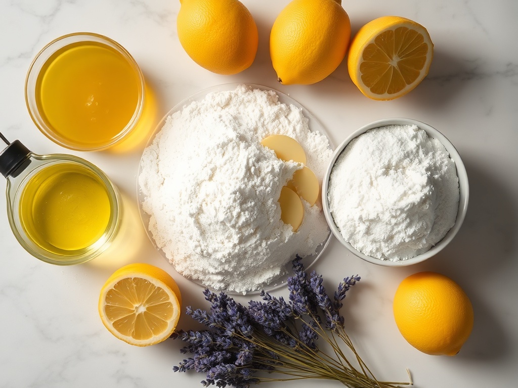 overhead shot of baking ingredients for lemon lavender cake: eggs, olive oil, lemons, flour, sugar, dried lavender, arranged like a still life on a marble surface with soft natural light