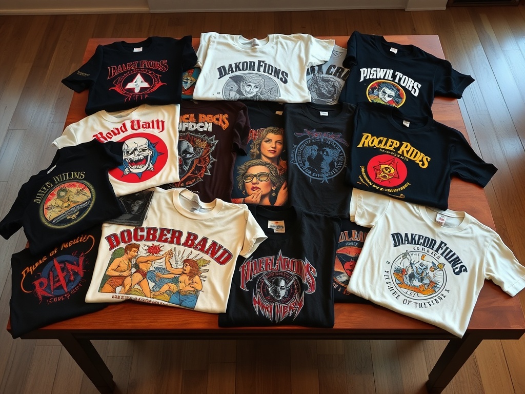 a carefully arranged vintage band t-shirt collection laid out on a wooden table with soft lighting, showing different eras and designs